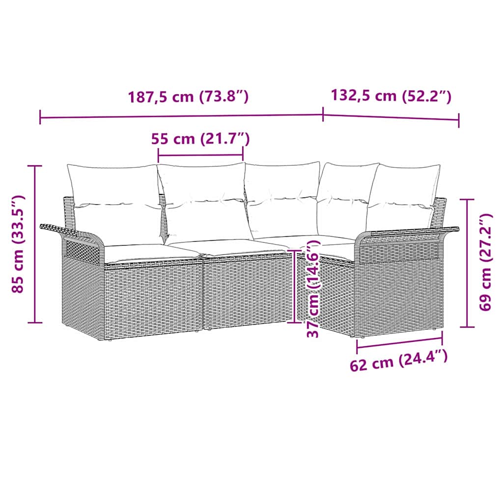 Kerti Kanapé Szett 4 db Fekete polirattan