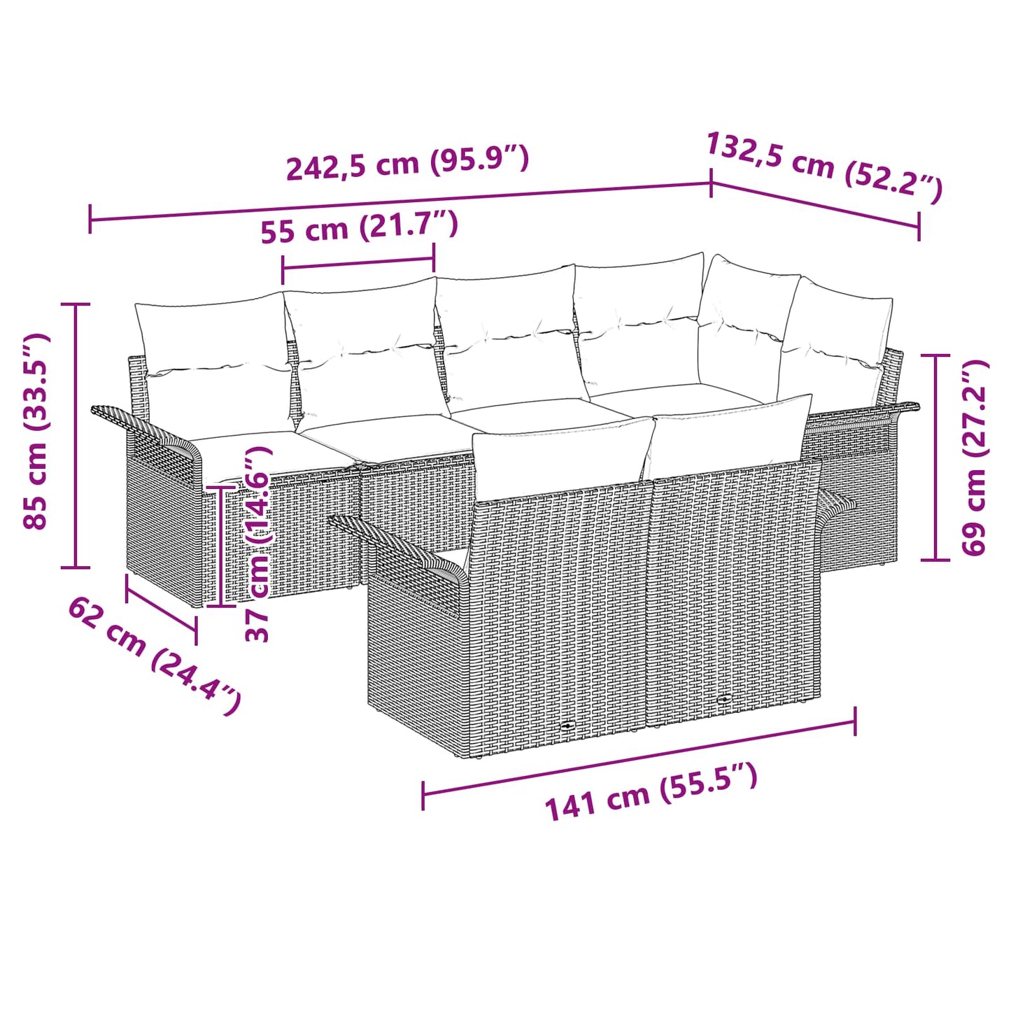 Kerti Kanapé Szett párnával 7 pcs Barna polirattan