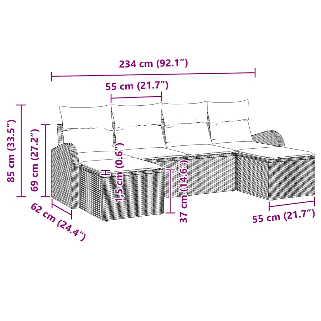Kerti Kanapé Szett párnával 6 pcs Fekete Poly Rattan