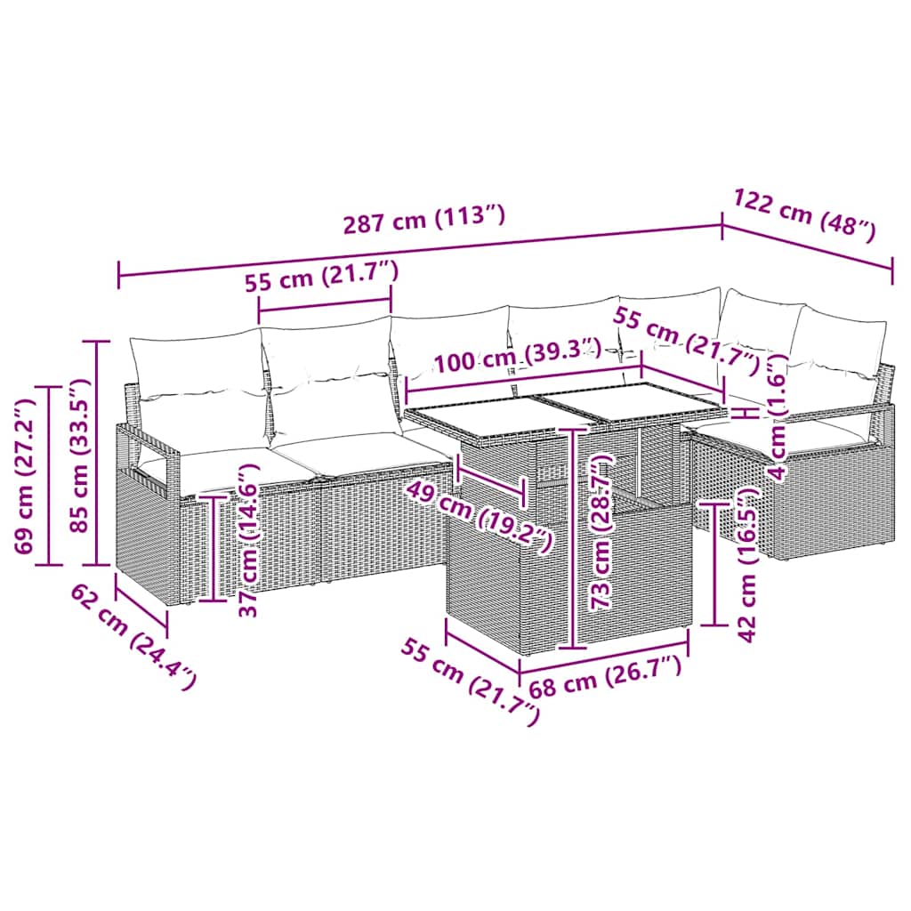 Kerti Kanapé Szett párnával 7 pcs Bézs Poli rattan