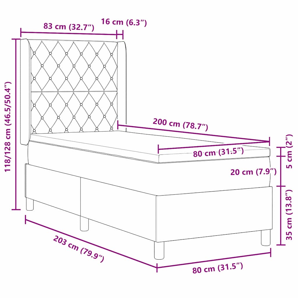 Boxrugós ágy matracmal Sötétszürke 80 x 200 cm Bársony