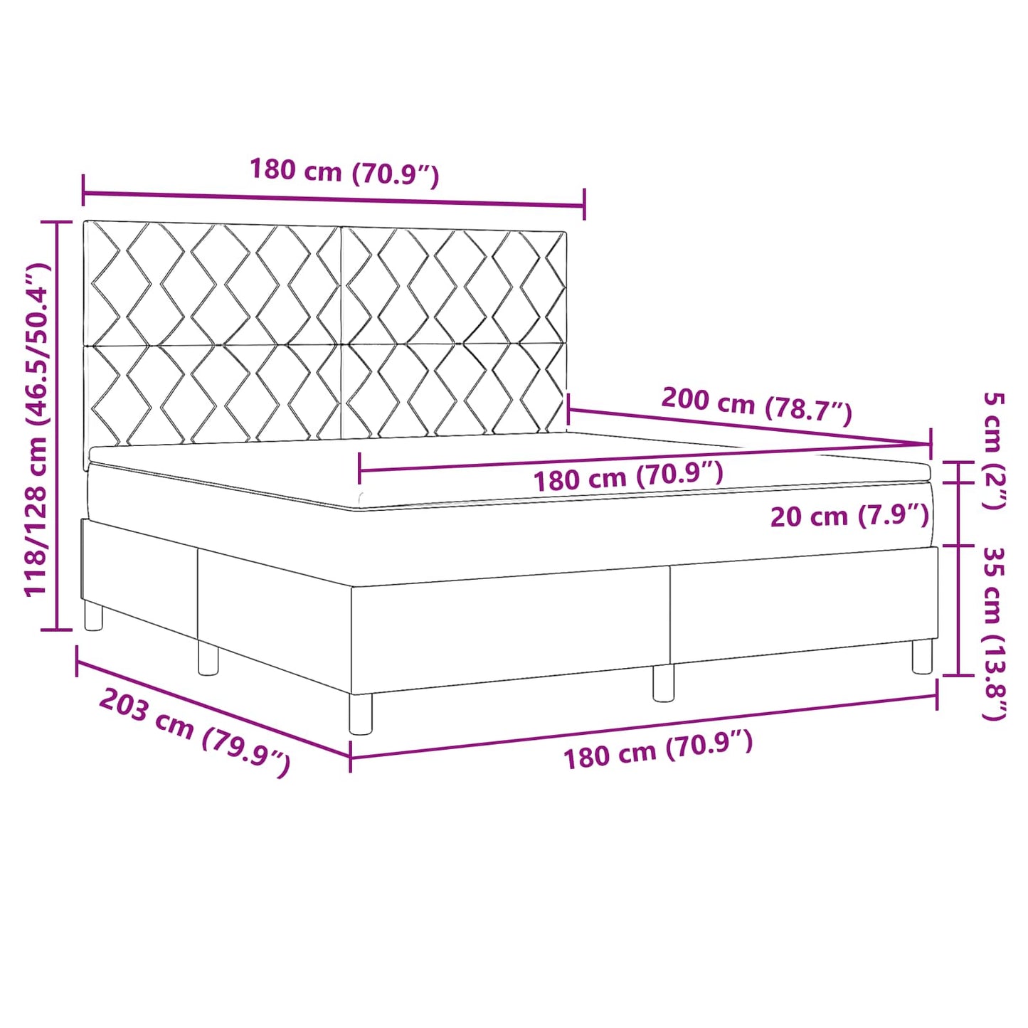 Boxrugós ágy LED szalagokkal Fekete 180 x 200 cm szövet