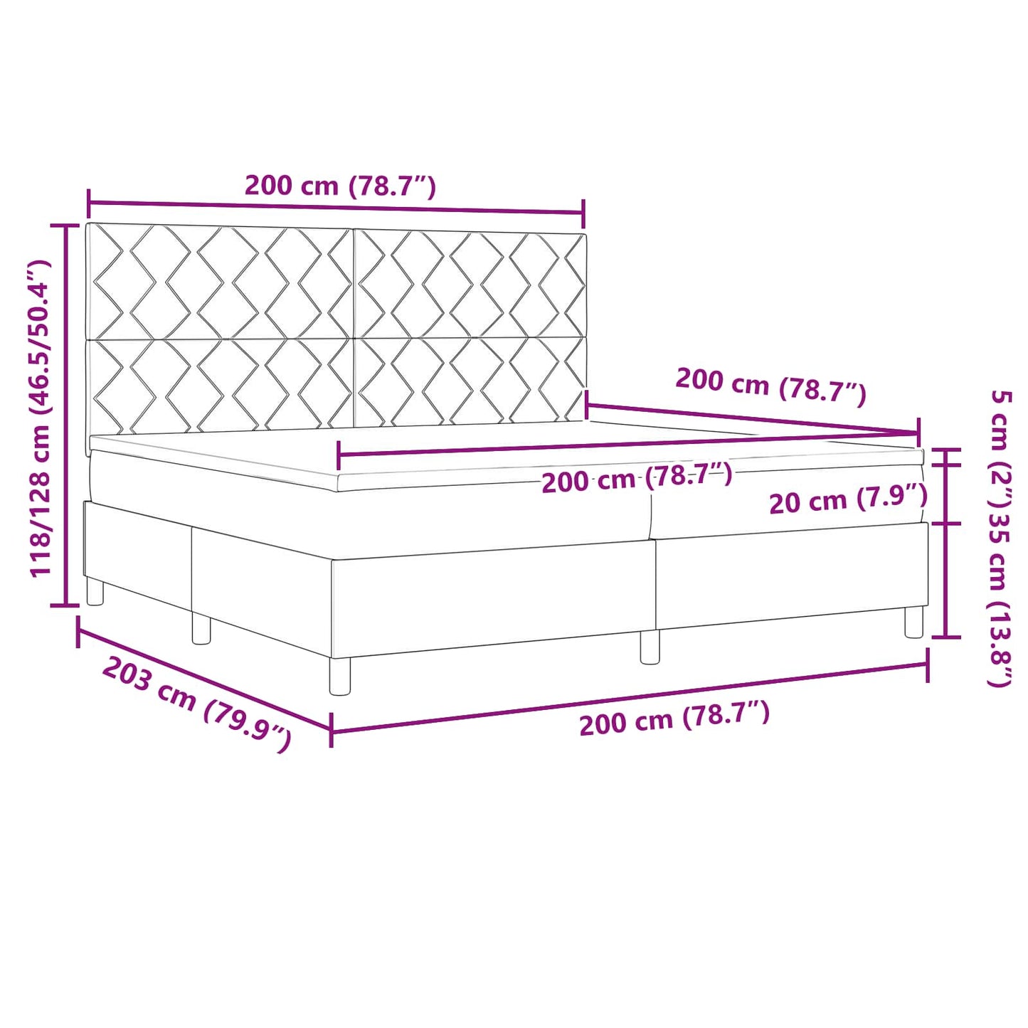 Boxrugós ágy LED szalagokkal Tópszínű 200 x 200 cm szövet