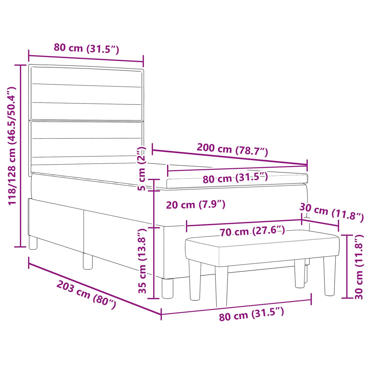 Boxrugós ágy fejtámlával Világosszürke 80 x 200 cm szövet