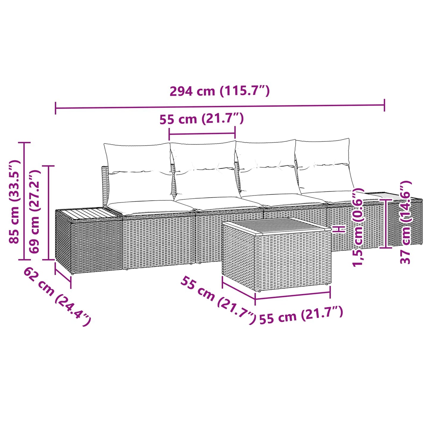 Kerti Kanapé Szett párnával tárolóval 5 pcs Fekete Poli rattan