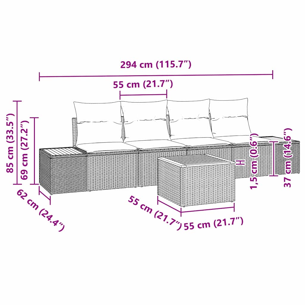 Kerti Kanapé Szett párnával tárolóval 5 pcs Szürke Poli rattan