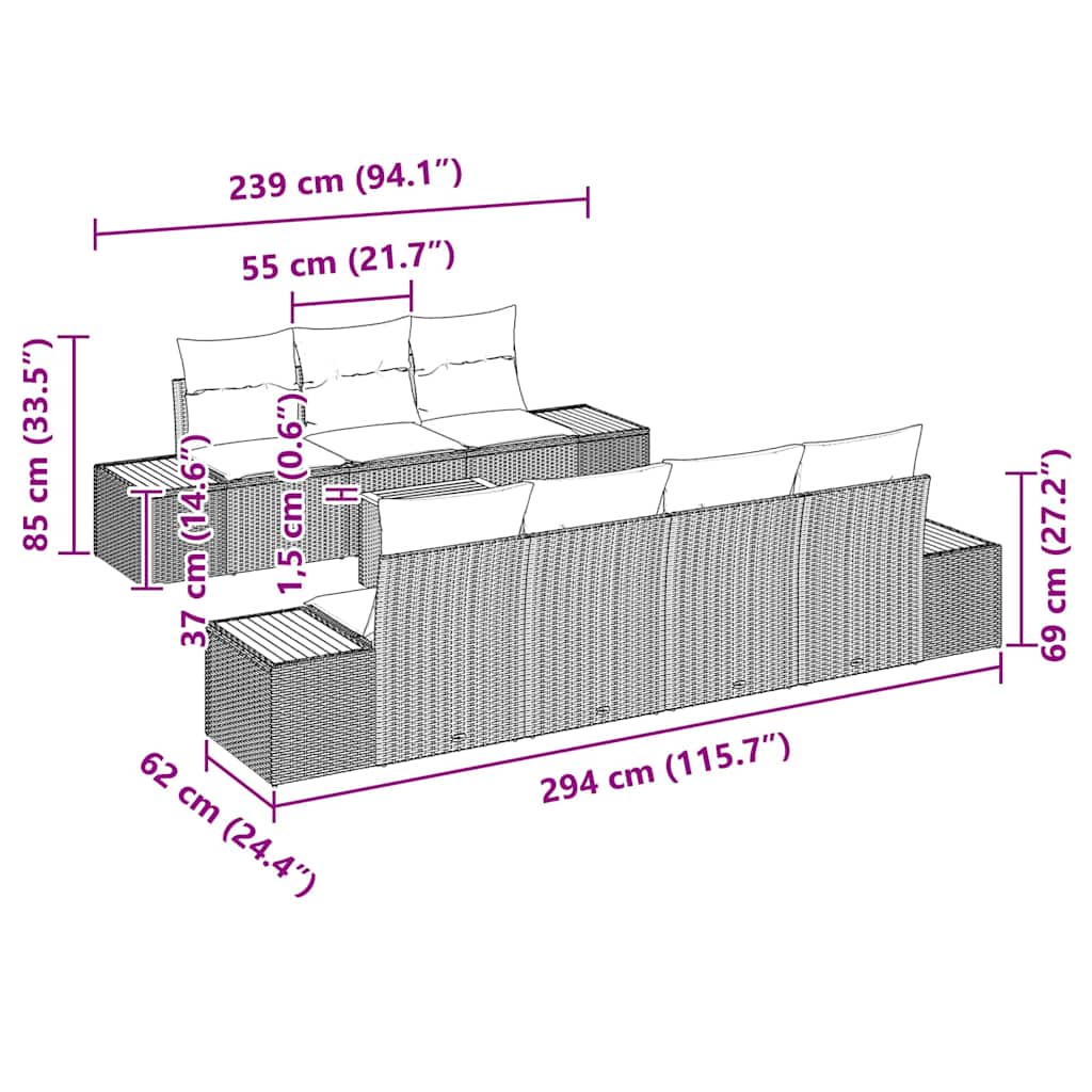 Kerti Kanapé Szett párnával tárolóval 8 pcs Fekete Poli rattan