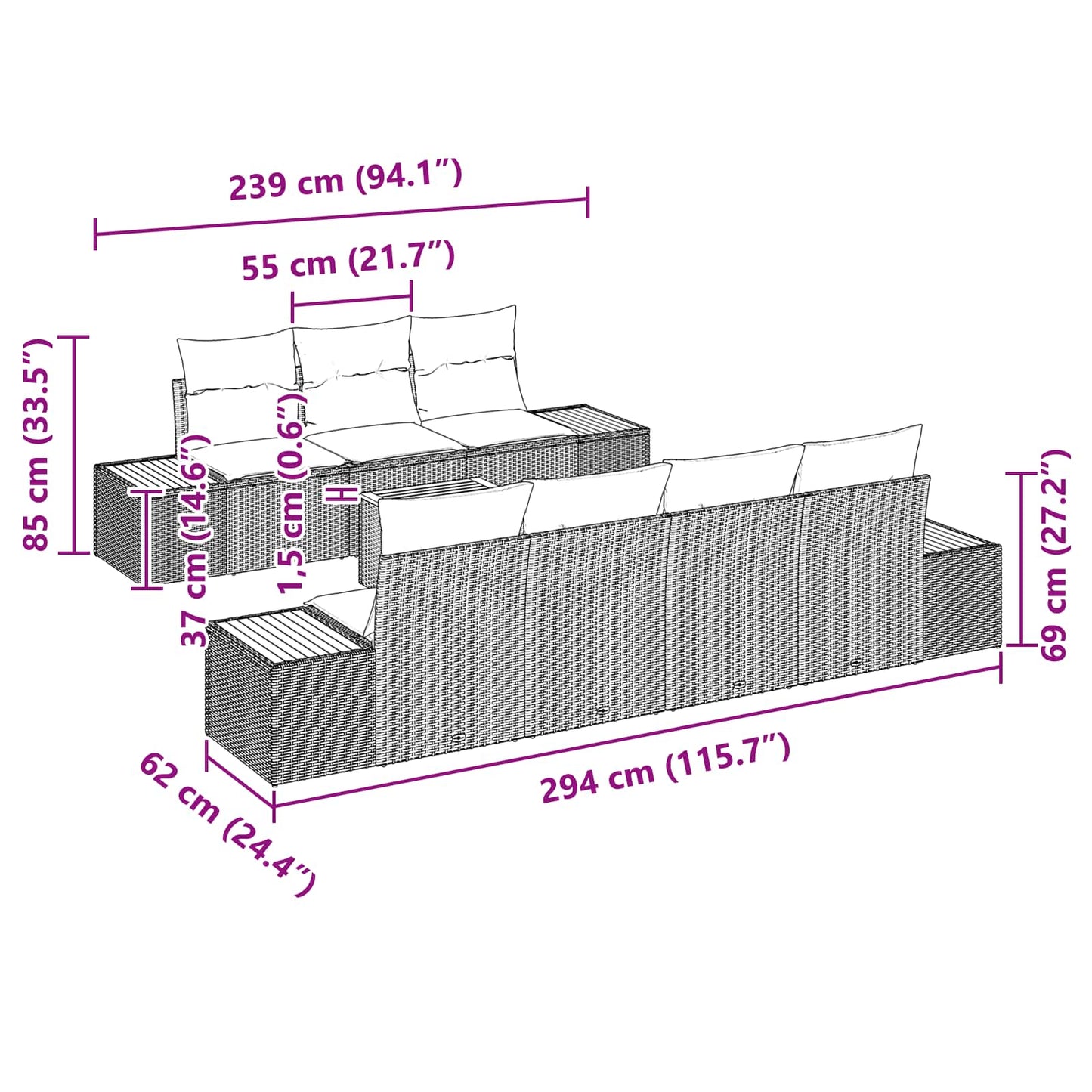 Kerti Kanapé Szett párnával tárolóval 8 pcs Fekete Poli rattan