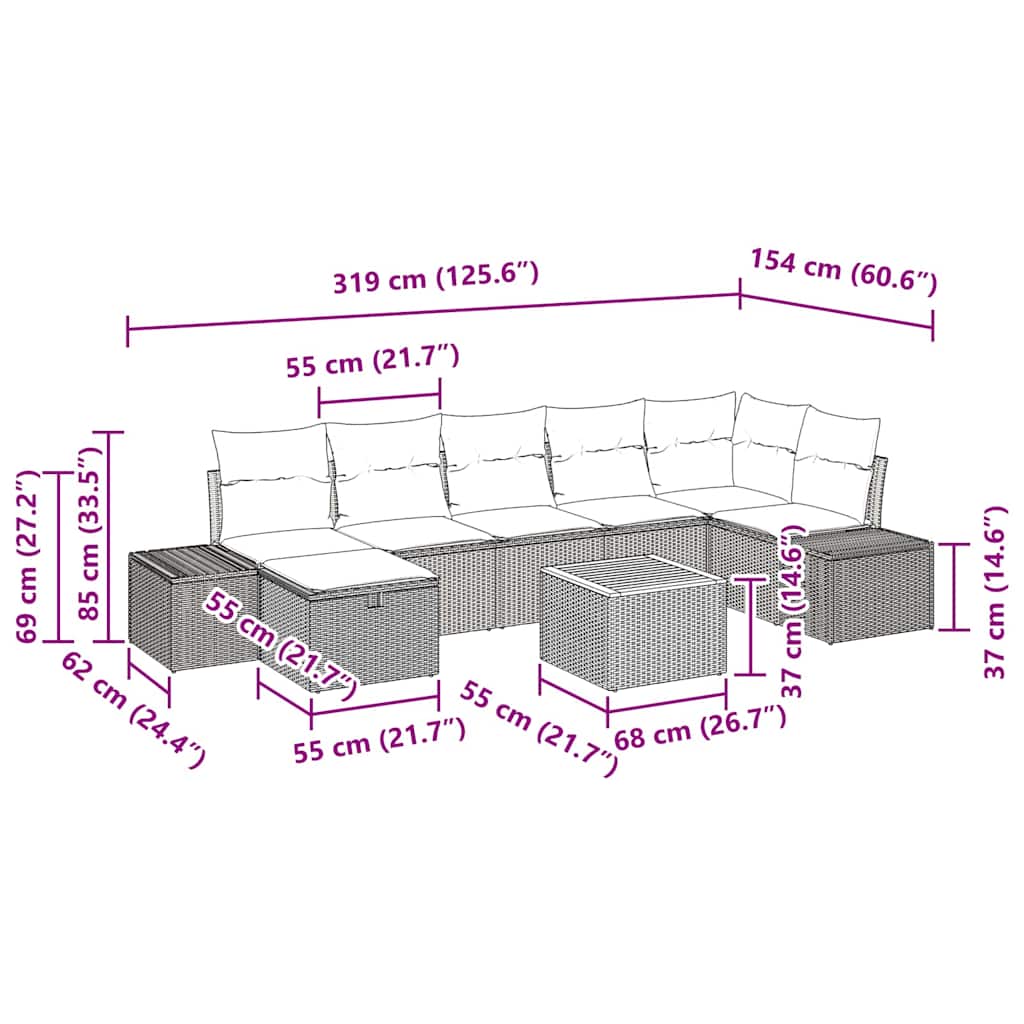 Kerti Kanapé Szett párnával tárolóval 8 pcs Szürke polirattan