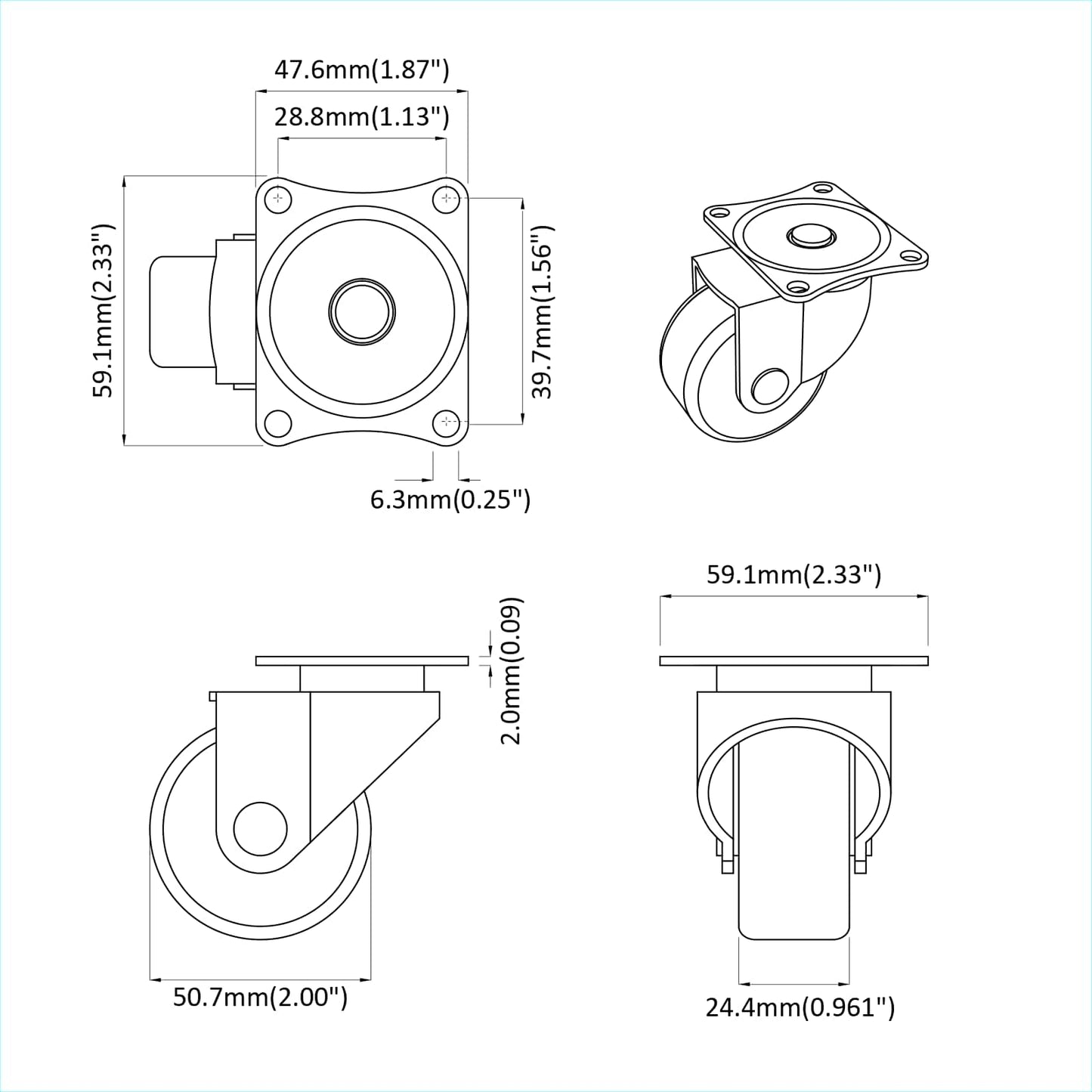 Forgó kerék 2 pcs Ezüst 60 x 60 x 50 mm Vas és nylon