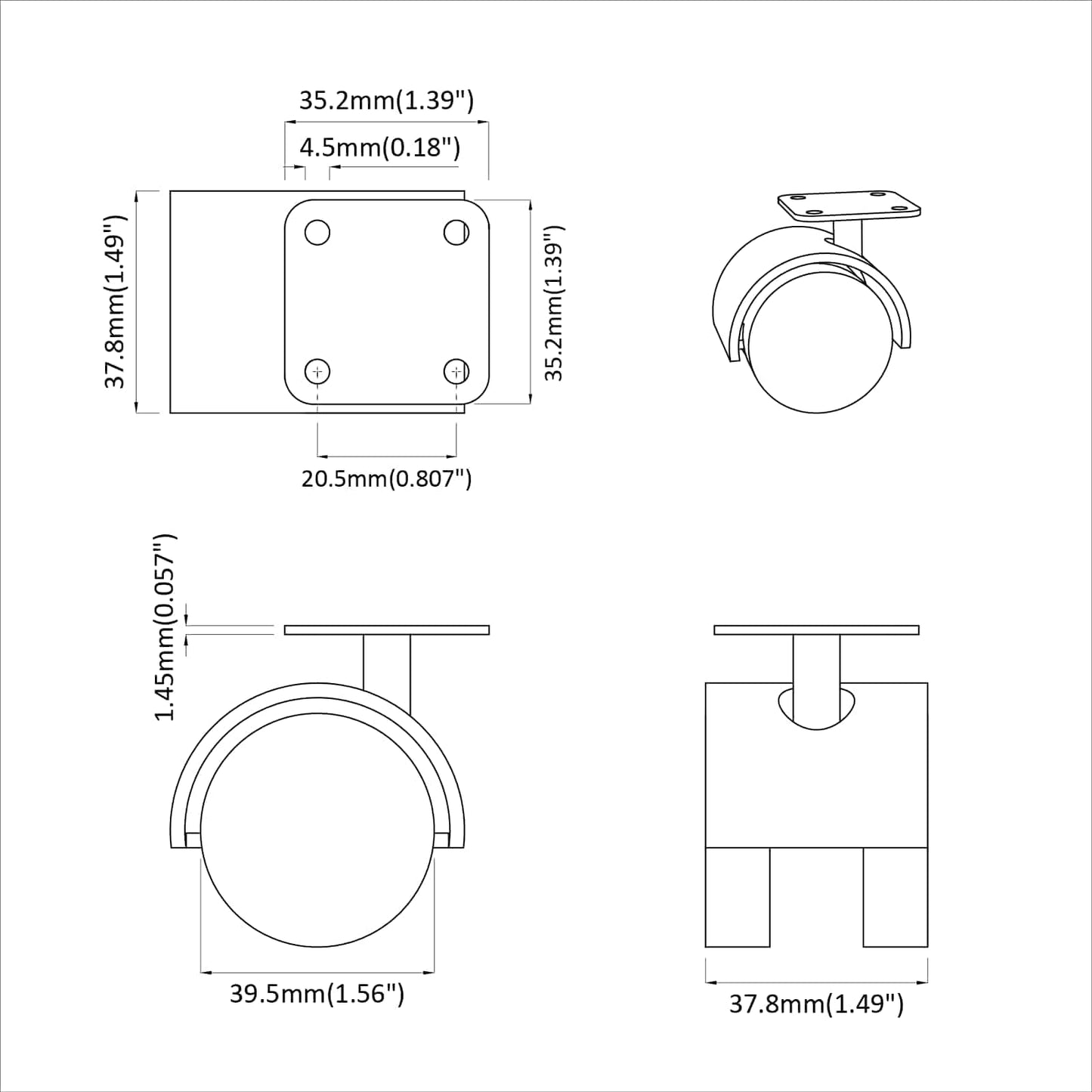 Forgó kerék 12 pcs Fekete 39,5 x 39,5 x 37,8 mm Vas és PP