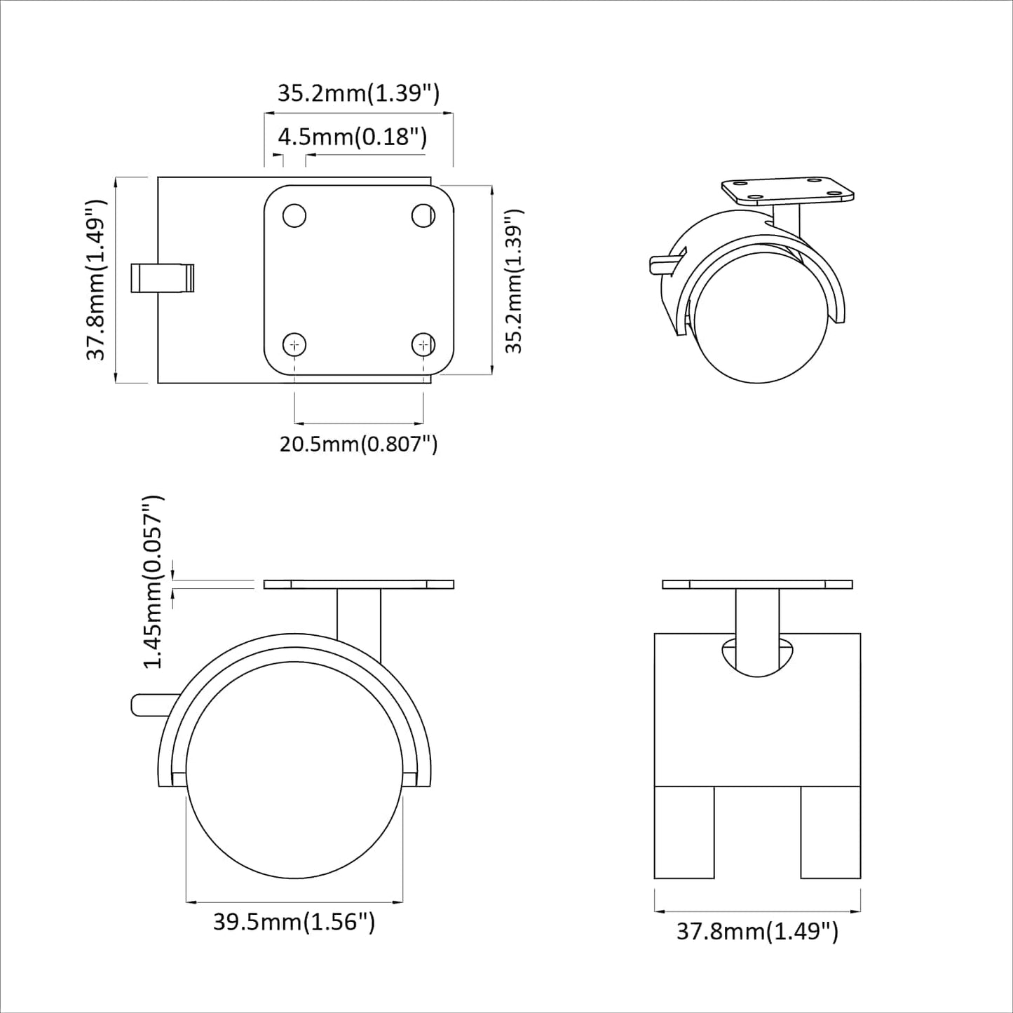 Kerekek 12 pcs Fekete 39,5 x 39,5 x 37,8 mm Vas és Polipropilén