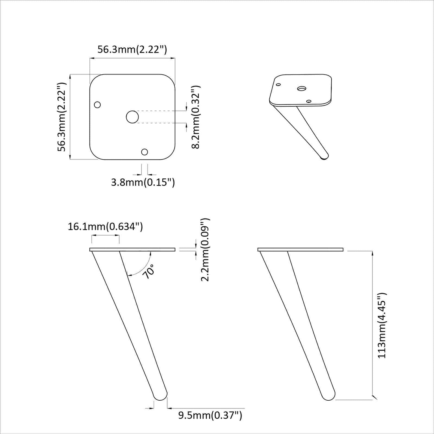 Álló Lábak 2 pcs Fekete 56 x 56 x 100 mm Vas