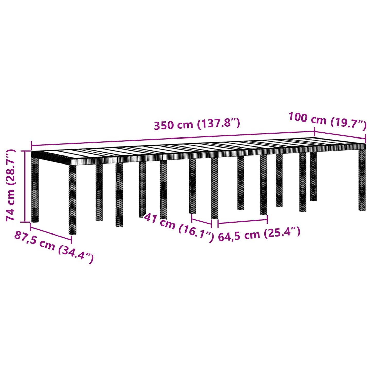 Kerti Asztal Antracit 350 x 100 x 74 cm polirattan