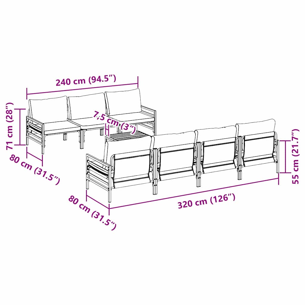 Kerti Kanapé Szett párnával 8 pcs Fekete Acél