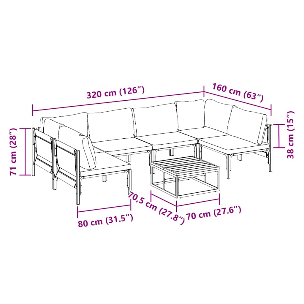 Kerti Kanapé Szett párnával 7 pcs Fekete Acél