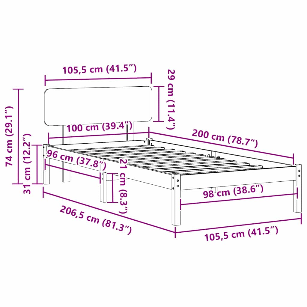 Ágykeret fejtámlával Fehér 100 x 200 cm Tömör fenyőfa