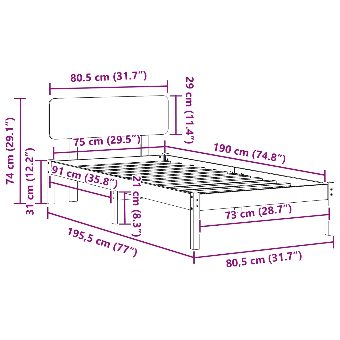 Ágykeret fejtámlával Természetes 75 x 190 cm Tömör fenyőfa