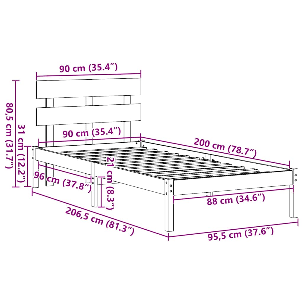 Ágykeret fejtámlával Barna 90 x 200 cm Tömör fenyőfa