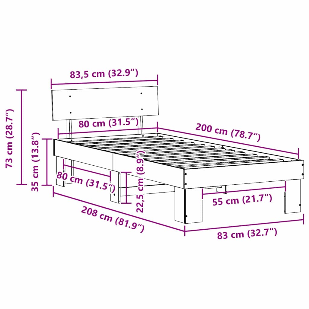 Ágykeret fejtámlával Természetes 80 x 200 cm Tömör fenyőfa
