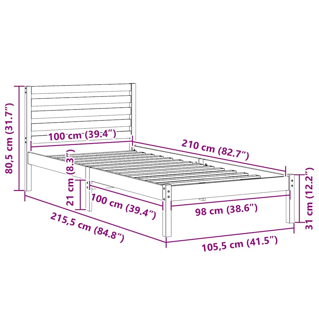 Ágykeret fejtámlával Fehér 100 x 210 cm Tömör fenyőfa