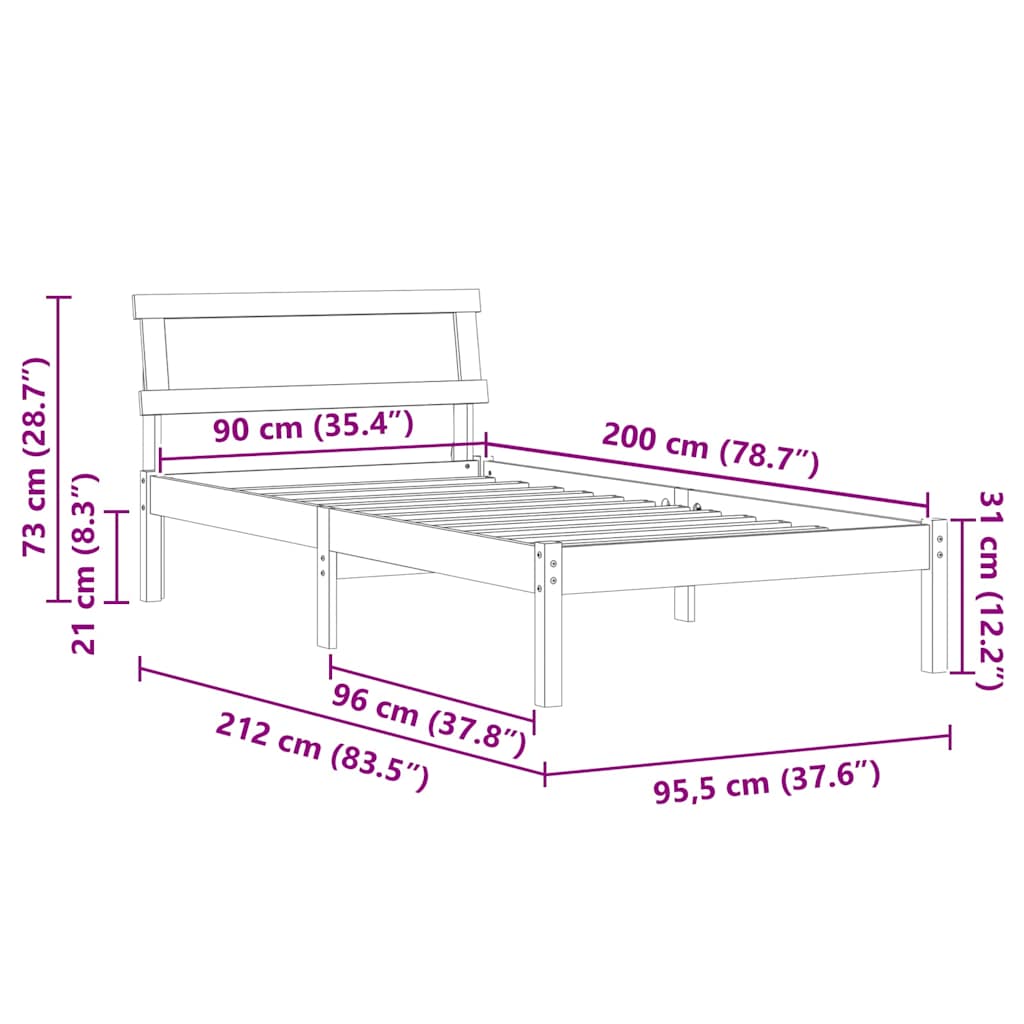 Ágykeret fejtámlával Fehér 90 x 200 cm Tömör fenyőfa