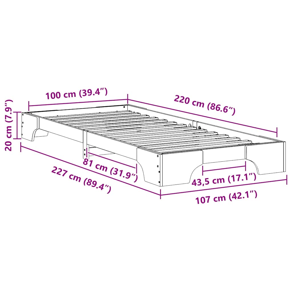 Ágykeret Barna 100 x 220 cm Tömör fenyőfa