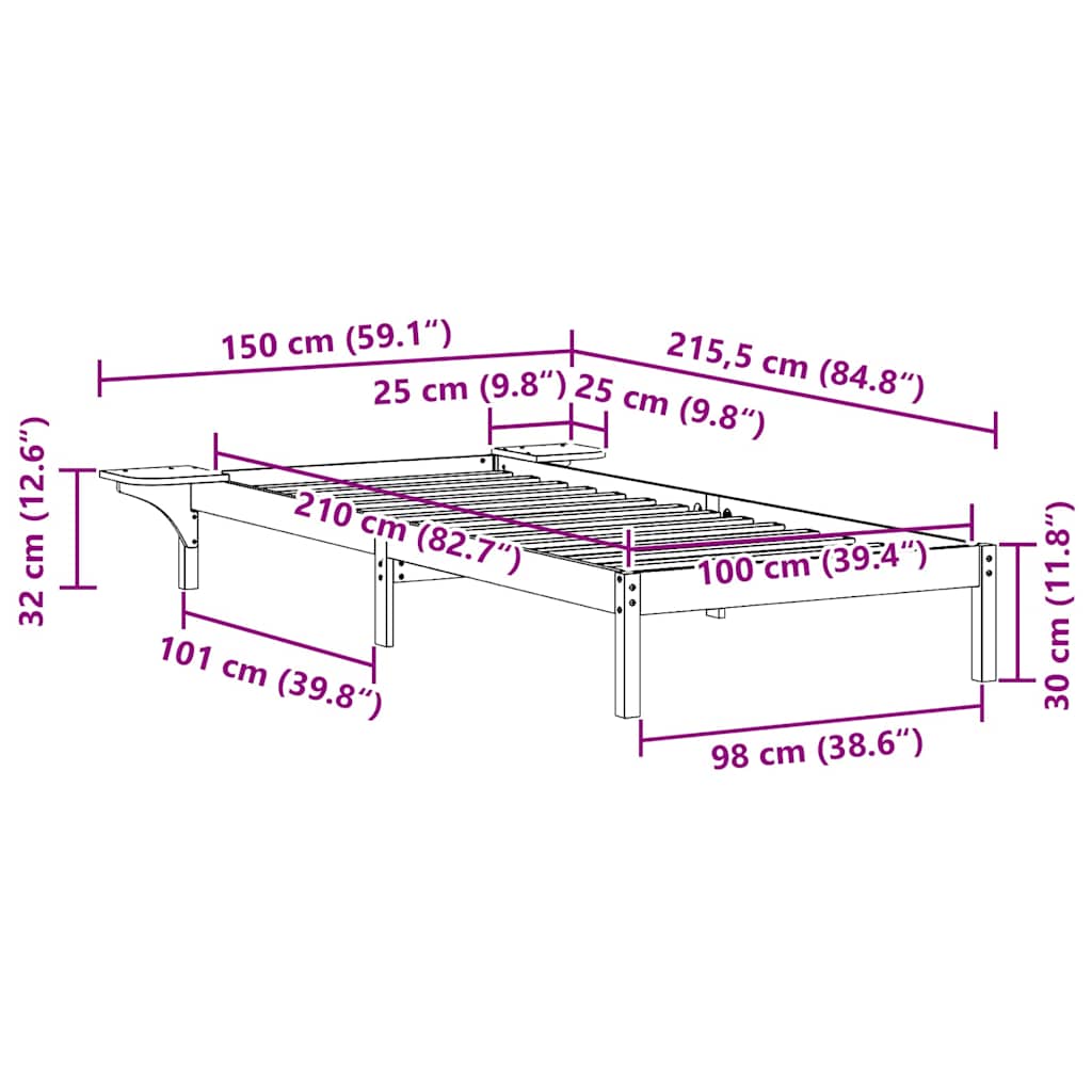 Ágykeret éjjeliszekrényekkel Fehér 100 x 210 cm Tömör fenyőfa