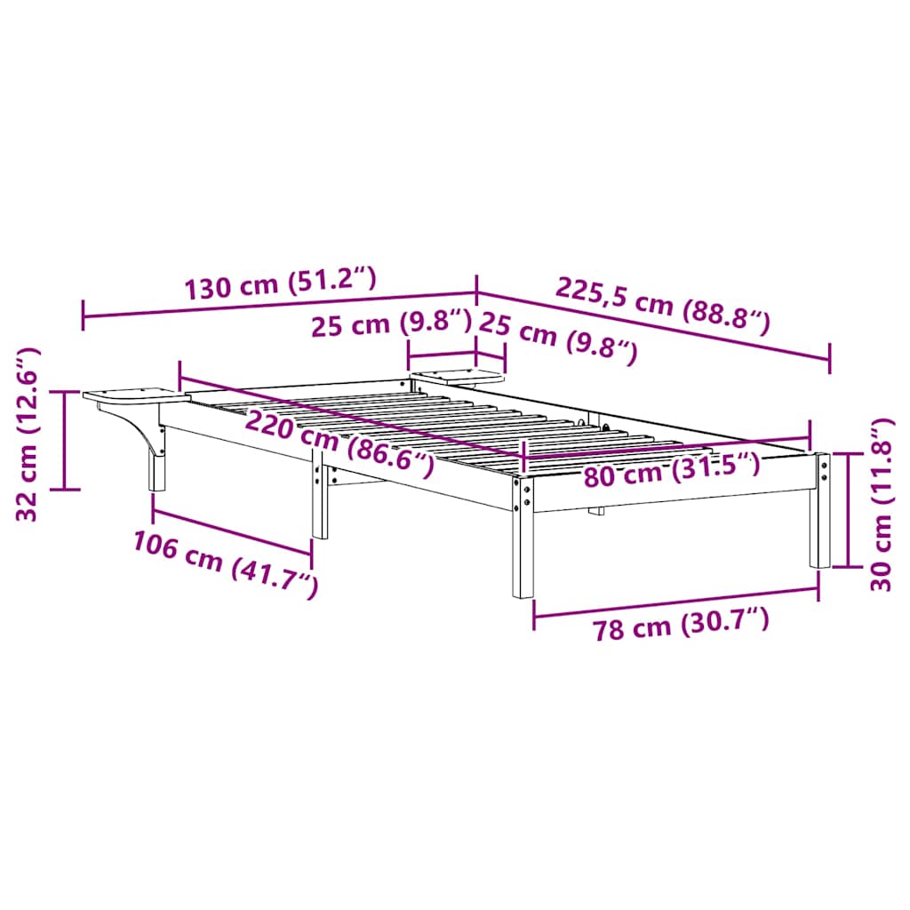 Ágykeret éjjeliszekrényekkel Fehér 80 x 220 cm Tömör fenyőfa