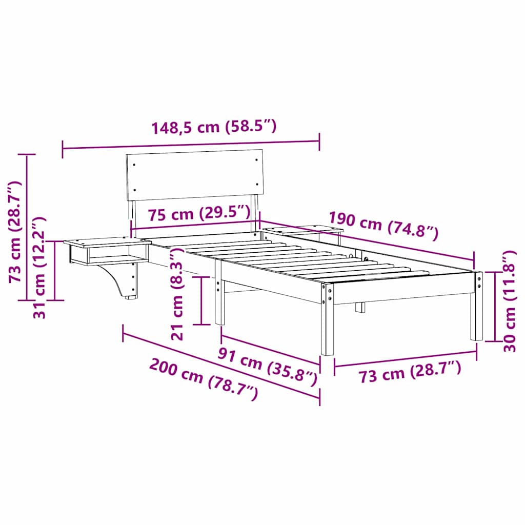Ágykeret fejtámlával Fehér 75 x 190 cm Tömör fenyőfa