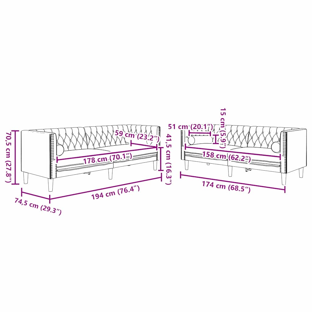 Nappali Kanapé 2 pcs Világosszürke 194 x 74,5 x 70,5 cm Bársony