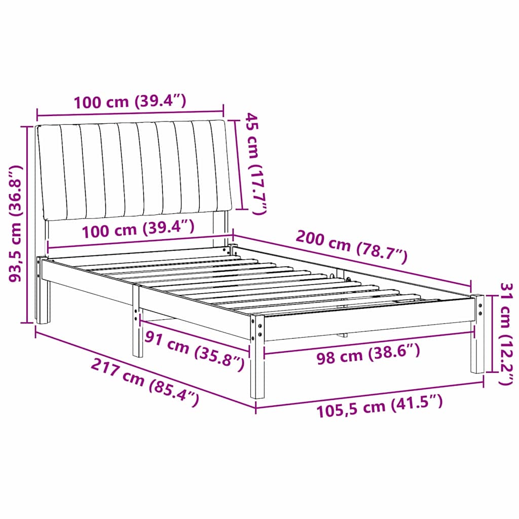 Ágykeret fejtámlával Fehér 100 x 200 cm Tömör fenyőfa