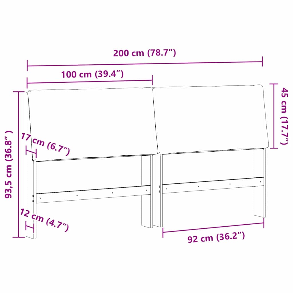 Kárpitozott fejtámla Fekete 200 cm Tömör fenyőfa