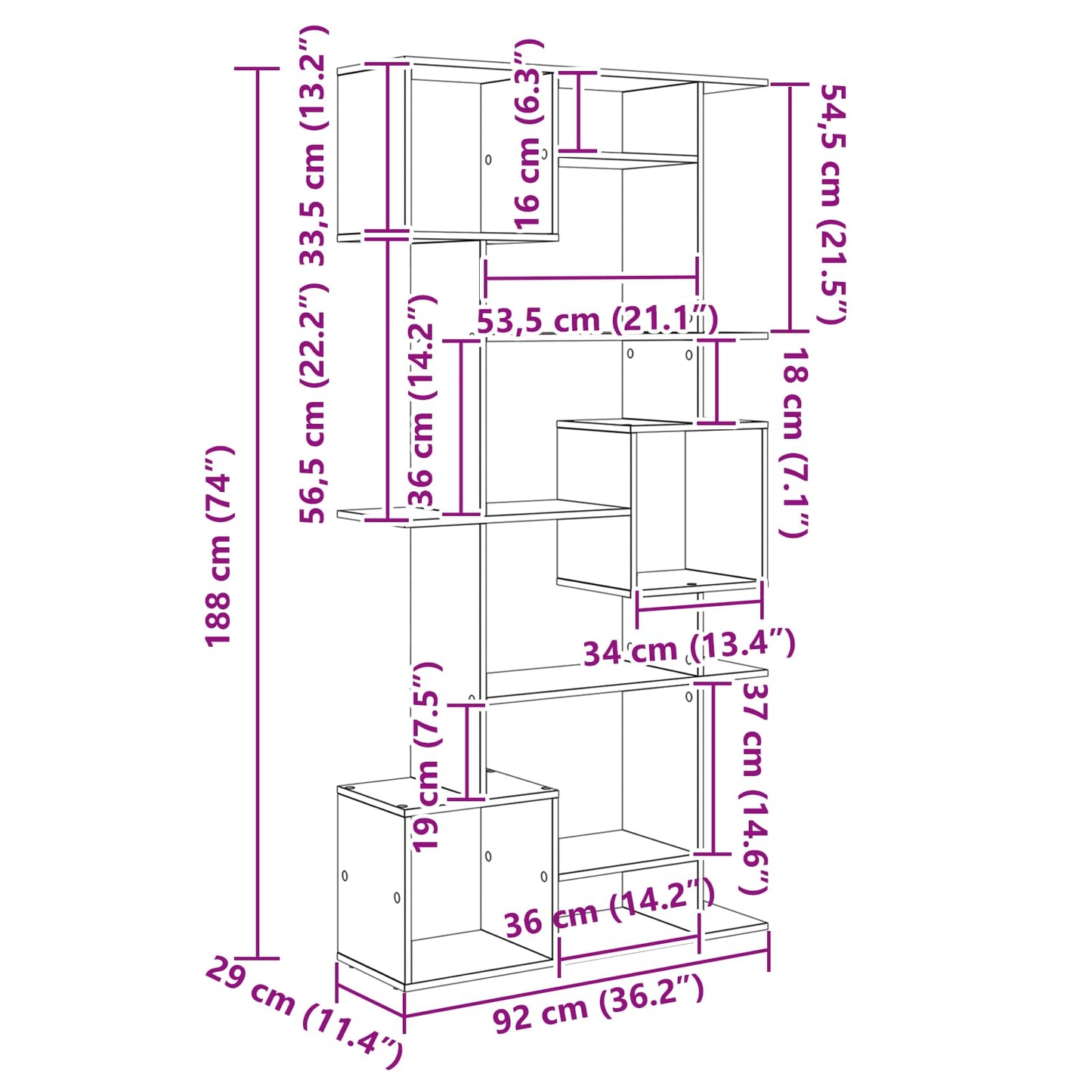 Könyvespolc 9 szintes 92 x 29 x 188 cm Szerelt Fa Fekete tölgy