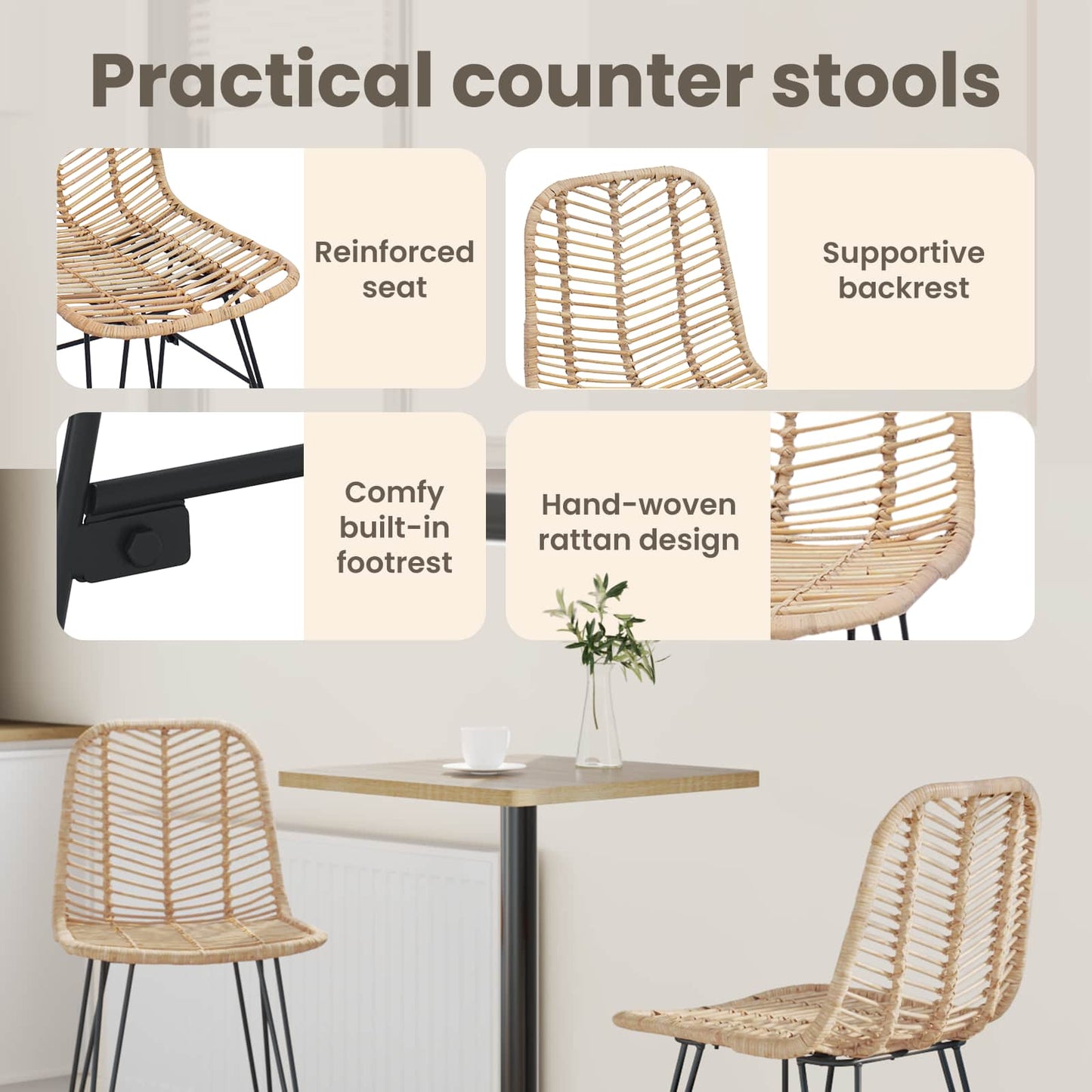Bárszék 2 pcs 44,5 x 54,5 x 97,5 cm Rattan és Vas