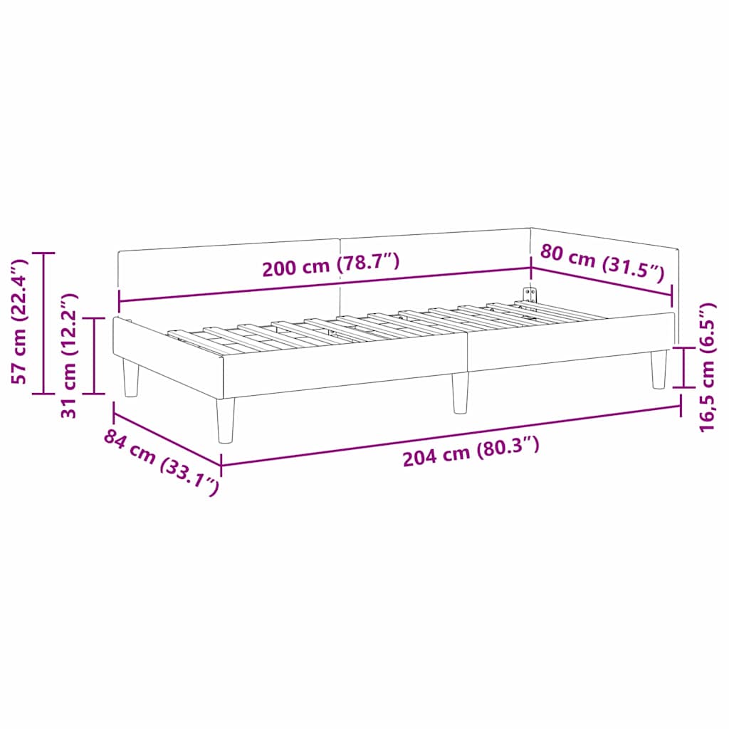 Sarokágy keret fejtámlával Világosszürke 80 cm x 200 cm Bársony