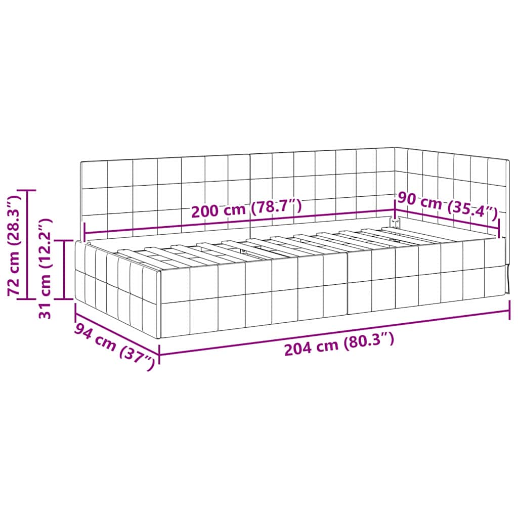 Sarokágy keret fejtámlával Sötétszürke 90 cm x 200 cm Bársony