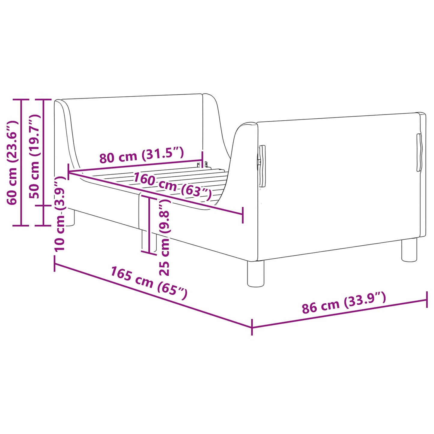 Gyerekágy kerettel fejtámlával Lila 80 x 160 cm Bársony