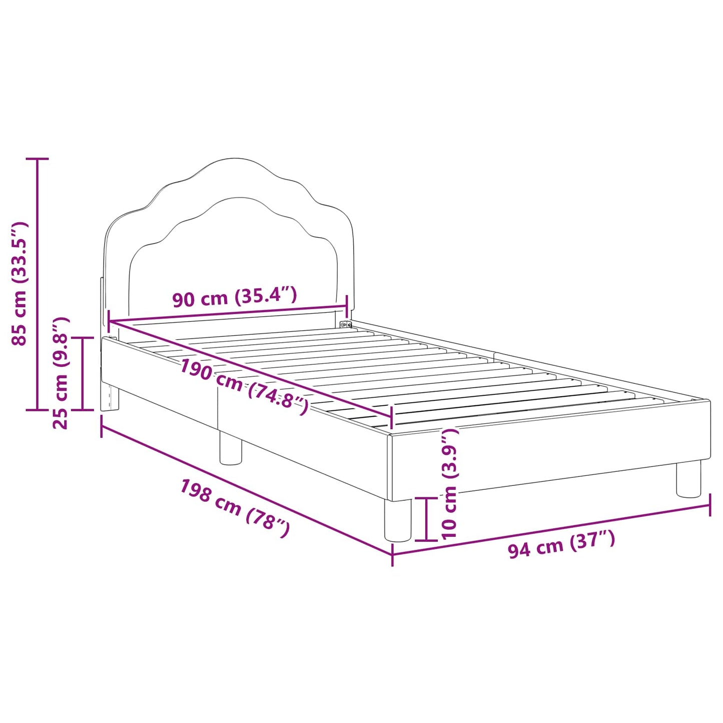 Gyerekágy kerettel fejtámlával Fekete 90 x 190 cm Bársony