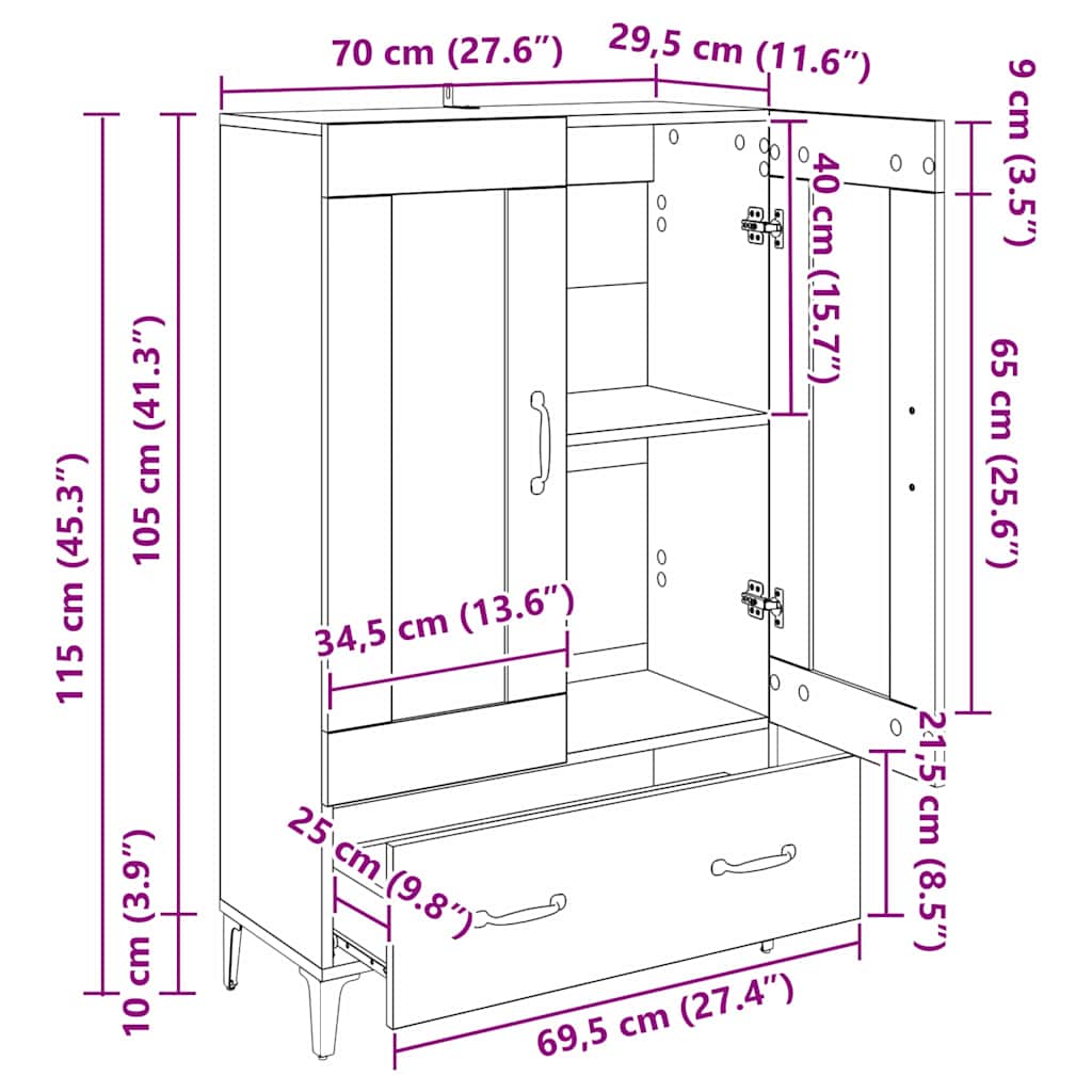 Magasfiú Fekete tölgy 70 x 31 x 115 cm Műszaki fa és vas