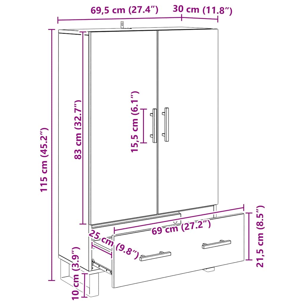 Magasfiú fiókkal Fekete tölgy 69,5 x 30 x 115 cm Faanyag