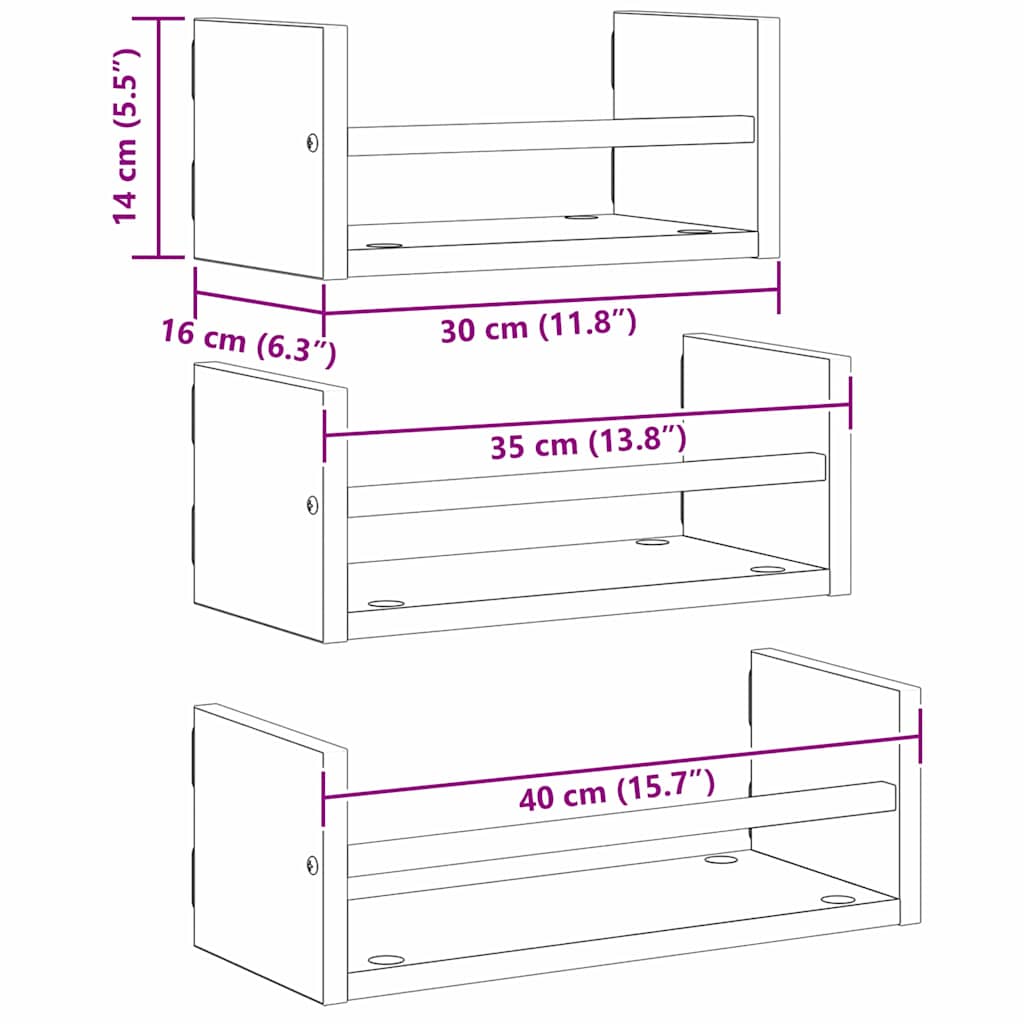 Fali polc készlet 3 pcs Öreg fa 40x16x14cm Szerelt Fa