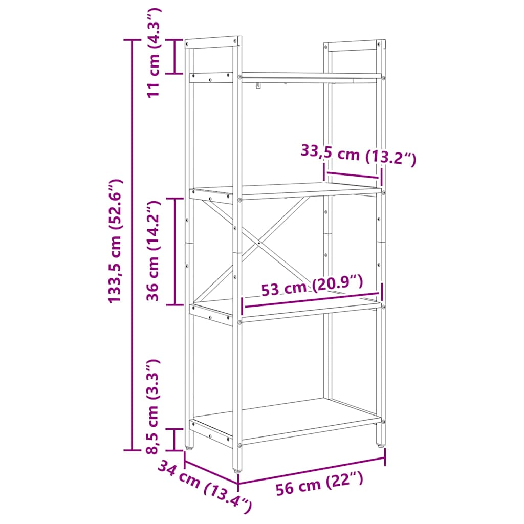 Könyvespolc 4 szintes 56 x 34 x 133,5 cm Szerelt Fa Öreg fa