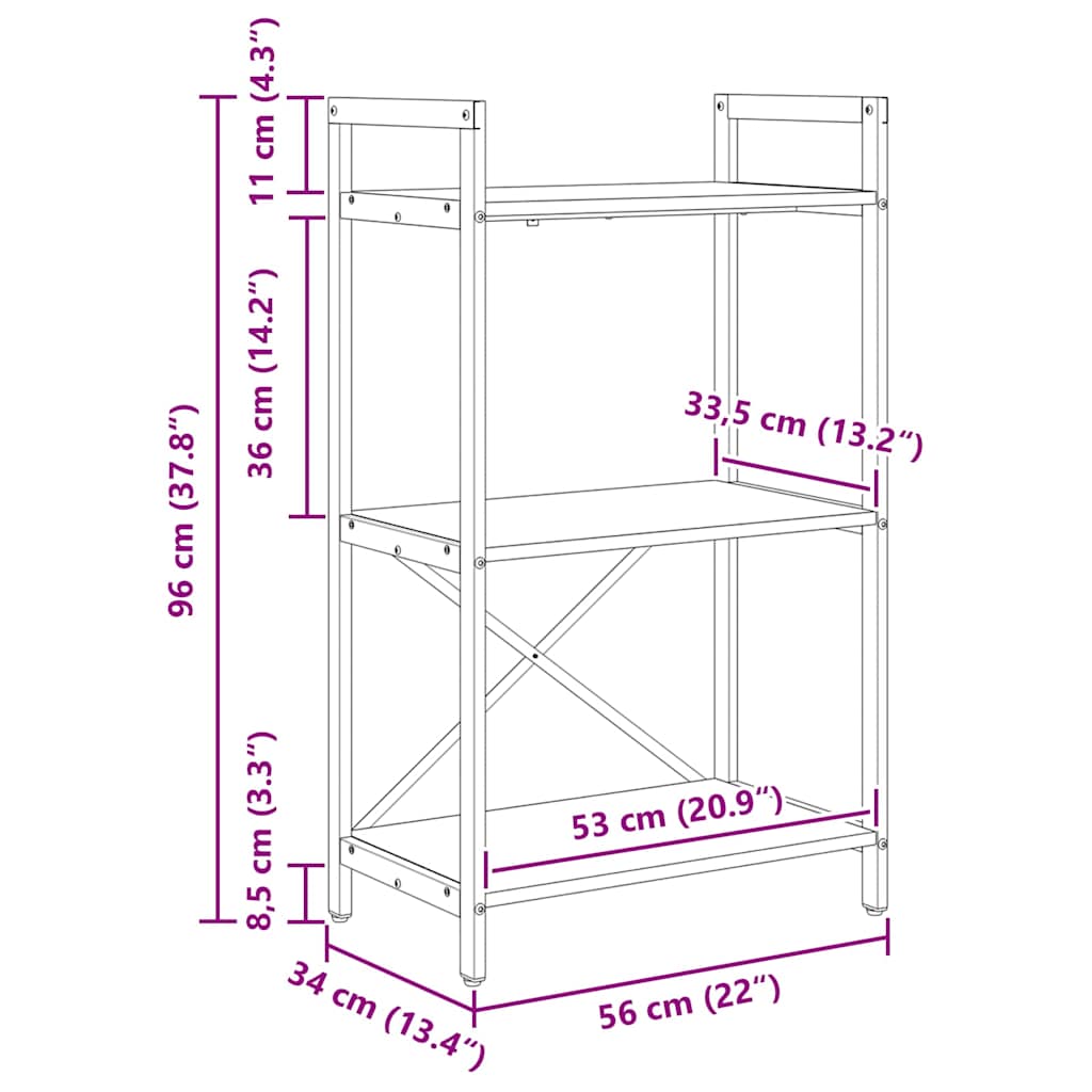 Könyvespolc 3 szintes 56 x 34 x 96 cm Szerelt Fa Öreg fa