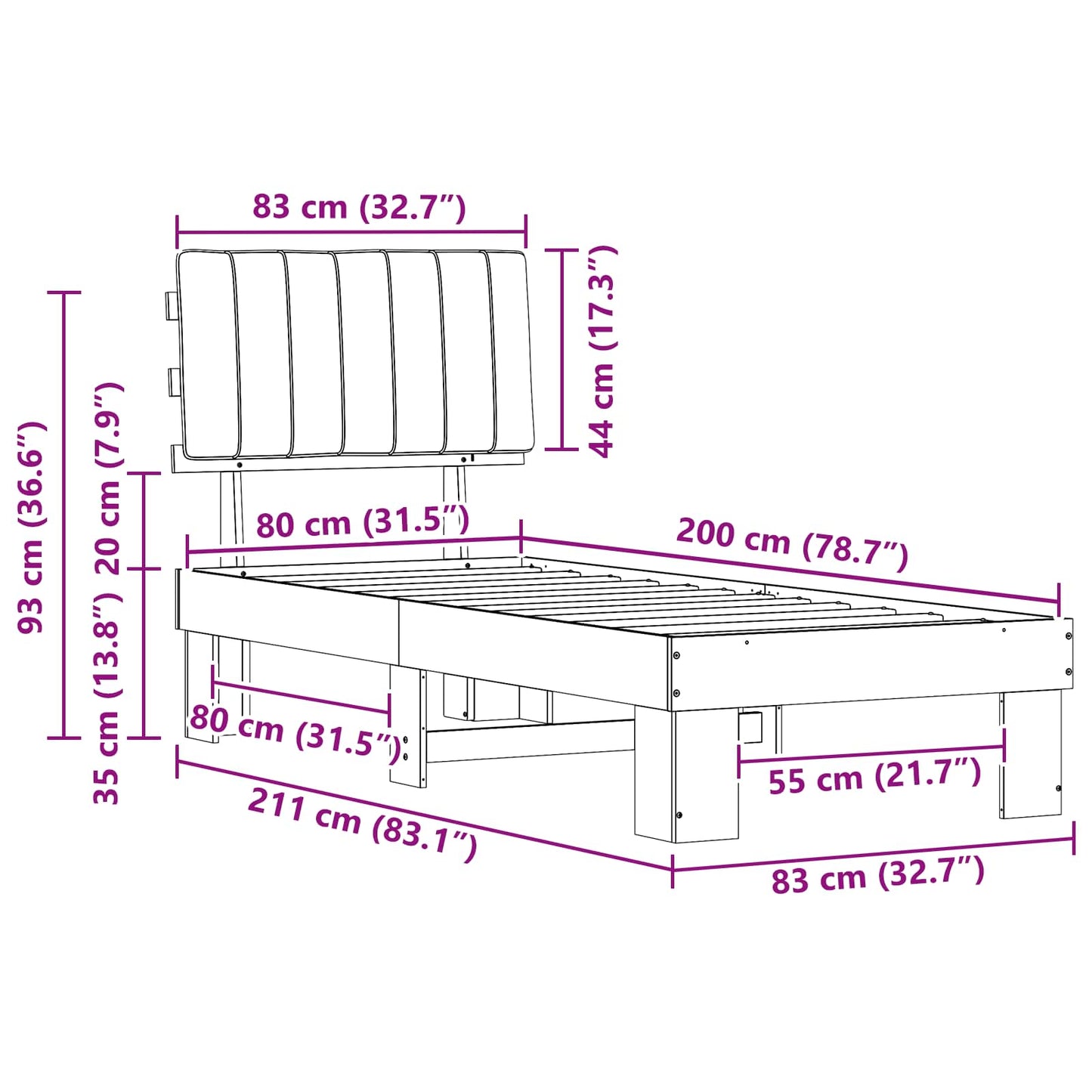 Ágykeret Kárpitozott Fejtámlával Sötétszürke 80 x 200 cm