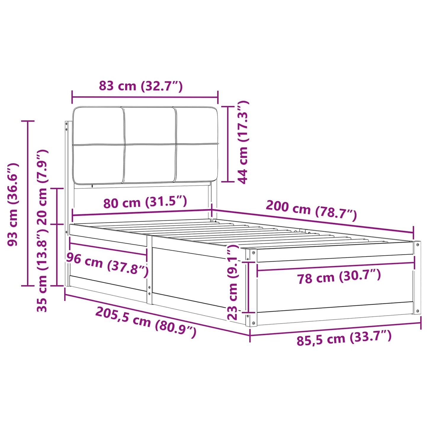 Ágykeret Kárpitozott Fejtámlával Tópszínű 80 x 200 cm