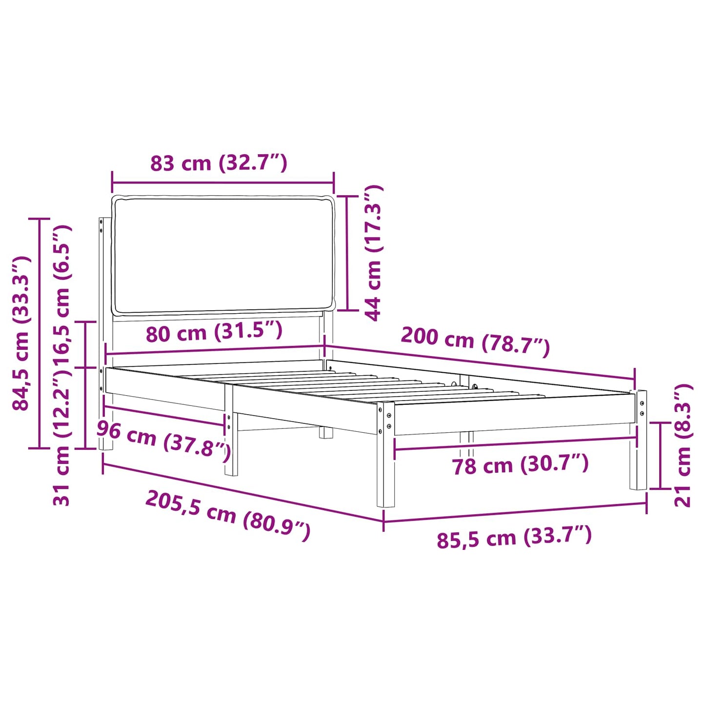 Ágykeret Kárpitozott Fejtámlával Tópszínű 80 x 200 cm