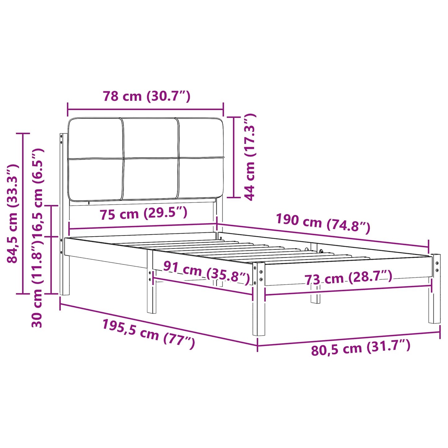 Ágykeret Kárpitozott Fejtámlával Tópszínű 75 x 190 cm