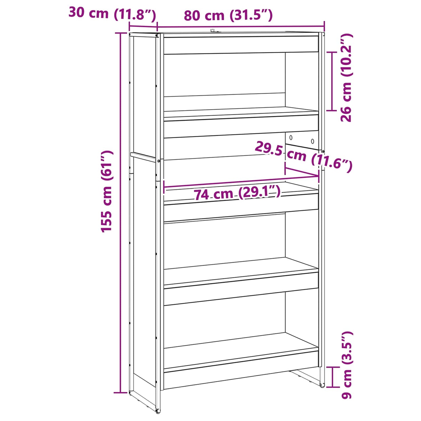 Könyvespolc 80 x 30 x 155 cm Szerelt Fa Fekete tölgy