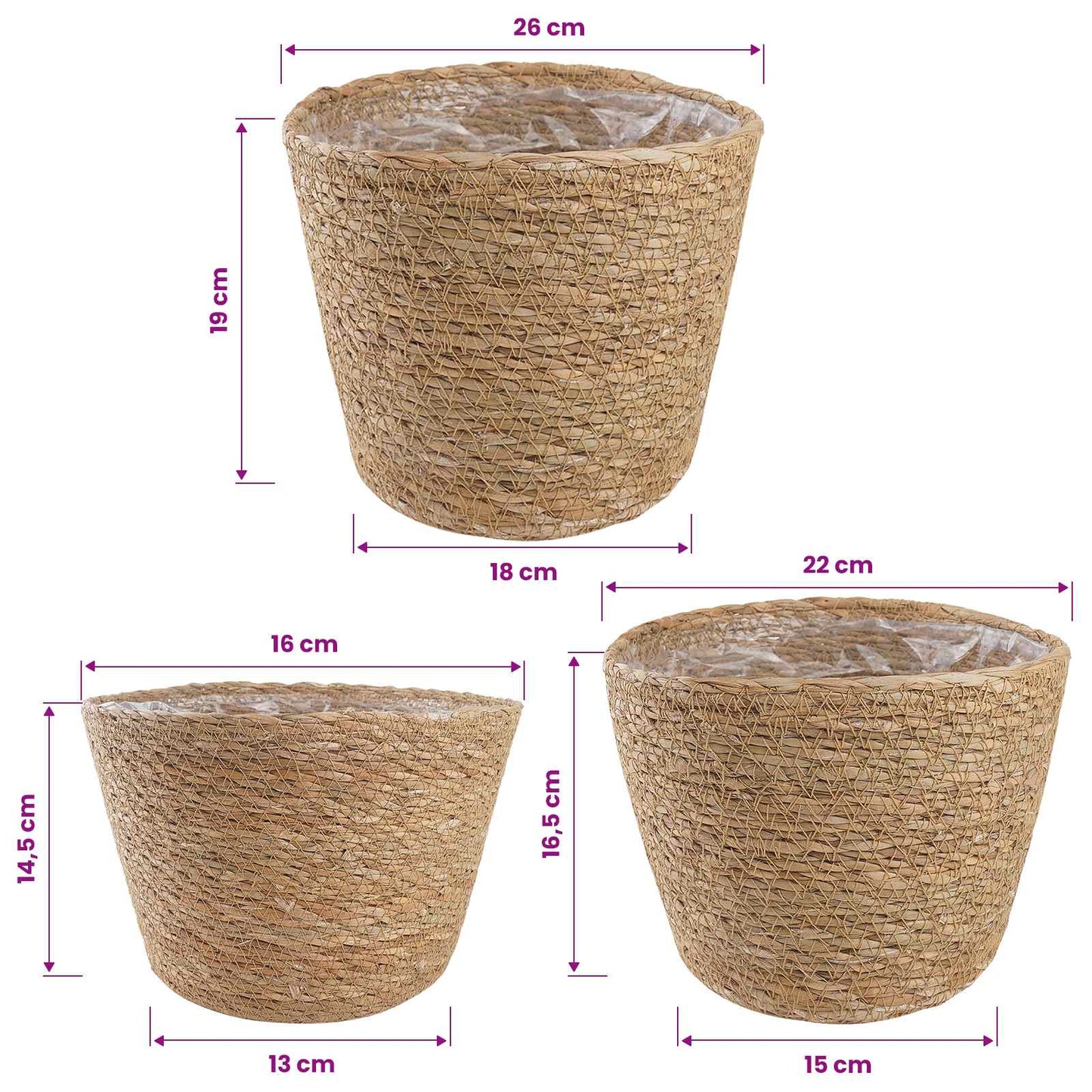 3 db Természetes Ø26 x 19 cm 100% Tengeri fű